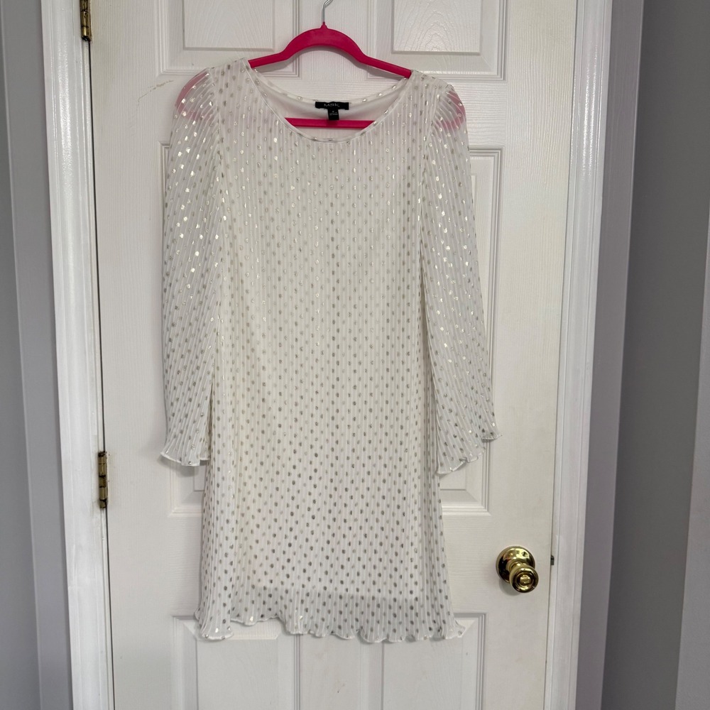 MSK Womens White Gold Metallic Polka Dot Shift Dress Small Playful Romantic